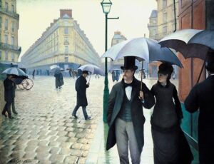 「パリの通り、雨」（1877年）ギュスターヴ・カイユボット